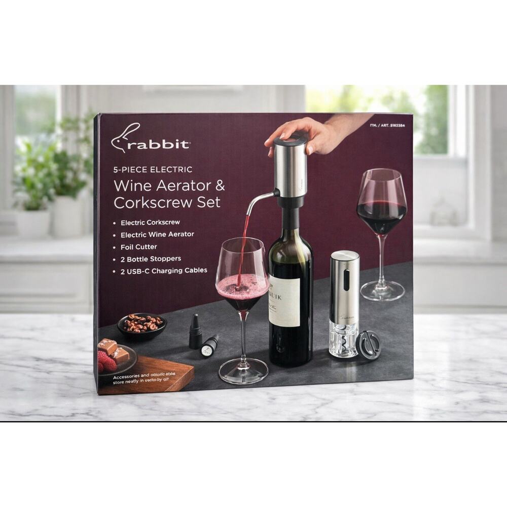 Rabbit Electric Wine Aerator & Corkscrew Set 5-Piece USB Rechargeable NEW Sealed